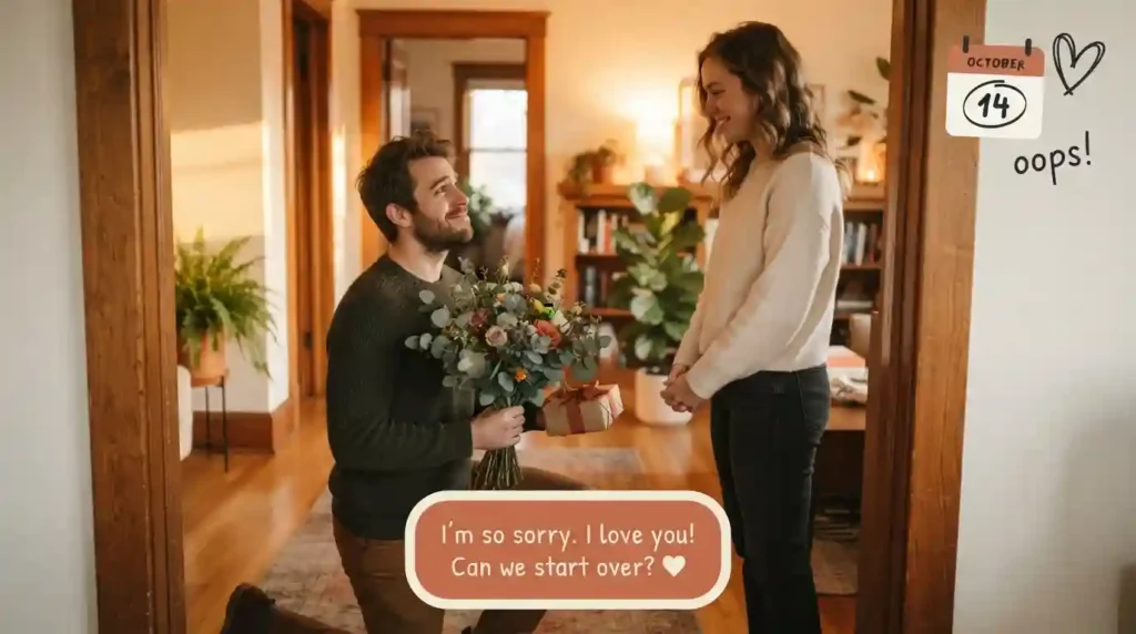 Man apologizing with flowers for forgetting important date