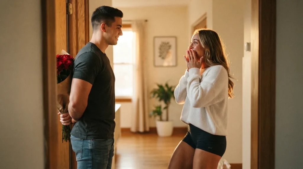 Man surprising her with roses and sorry messages gesture