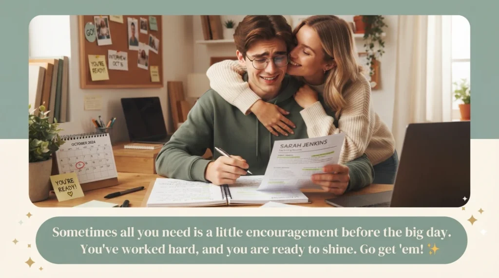 Girlfriend encouraging nervous boyfriend before exam with loving supportive text