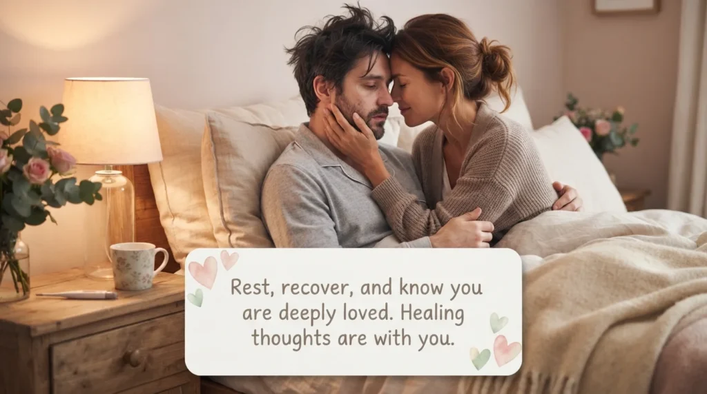 Partner tenderly comforting sick boyfriend with loving health wellbeing messages