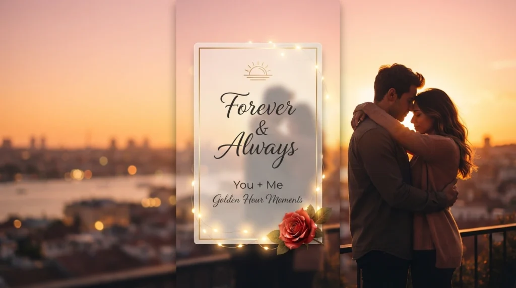 Couple embracing at golden sunset sharing a sweet good evening message