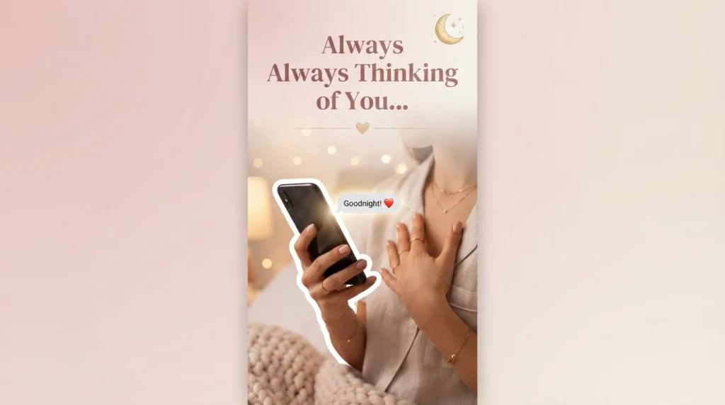 Woman holding phone in bed reading sweet simple gn texts for him