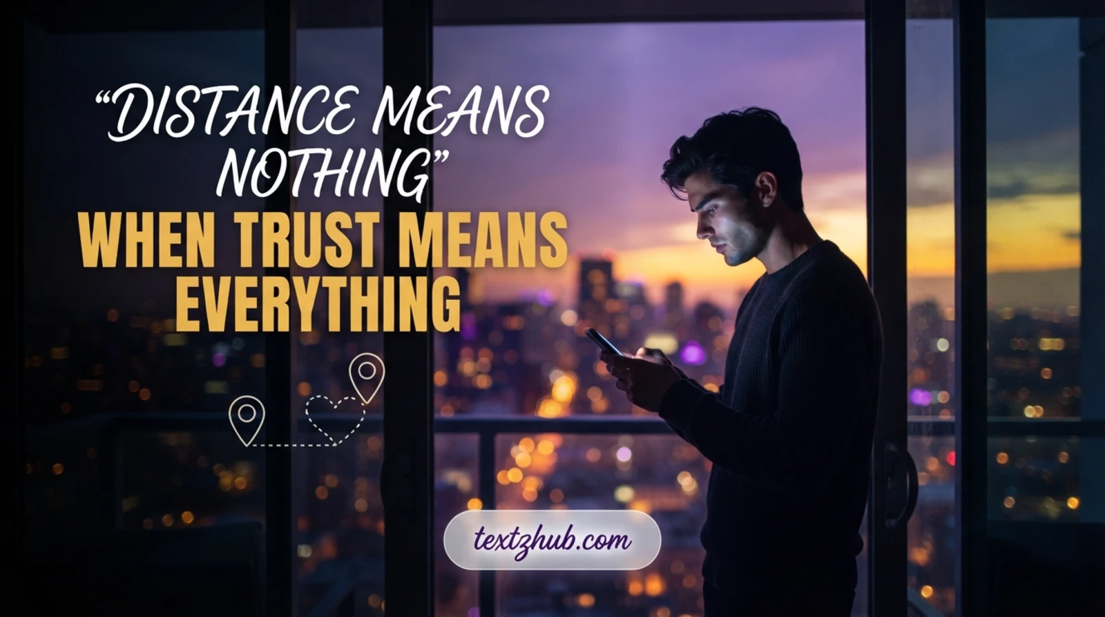 Man typing trust messages for distance relationship at sunset with glowing city lights bokeh background.