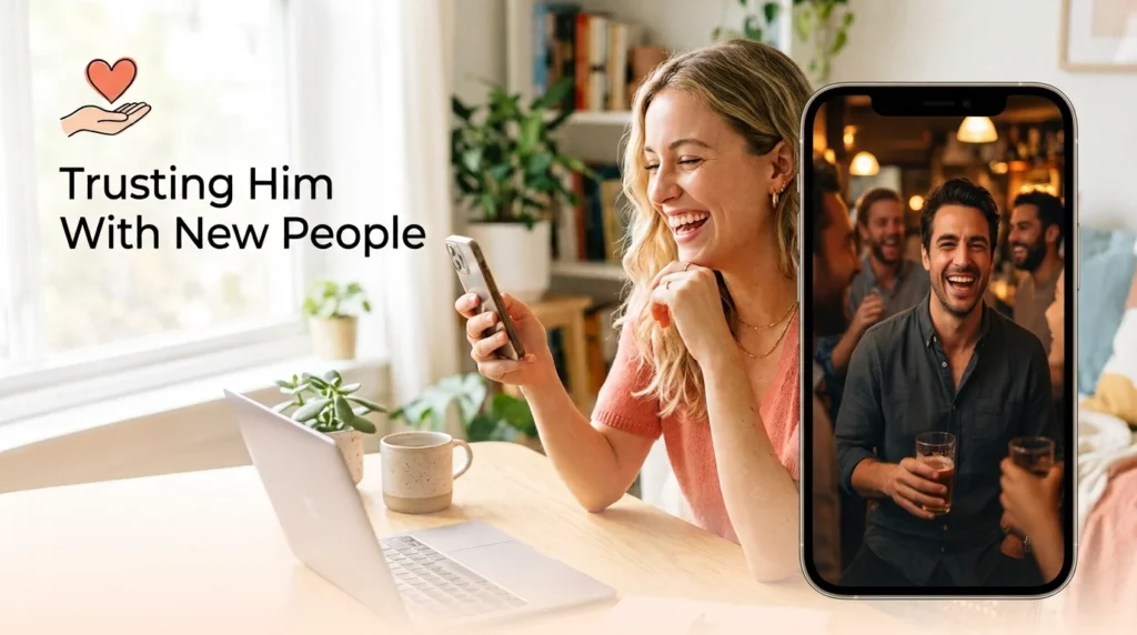 Woman smiling confidently on video call representing trusting him with new friends