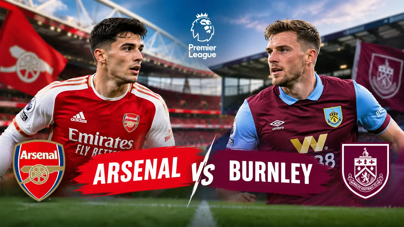 Arsenal vs Burnley Premier League match featuring both teams and players in a dramatic stadium setting.