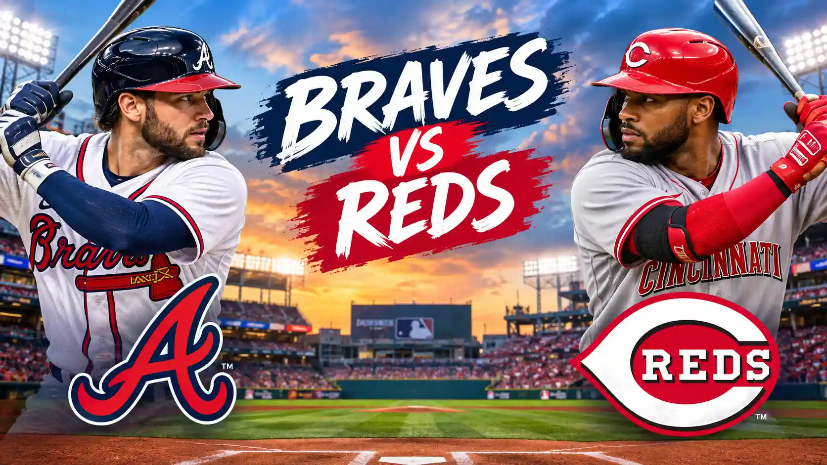 Braves vs Reds baseball game showdown at a packed stadium with players facing off on the field.