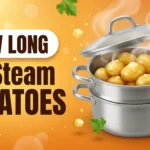 How long to steam potatoes featured image with steamer pot and timer