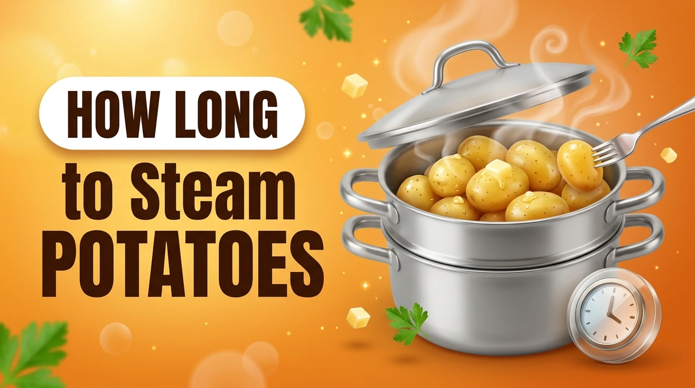 How long to steam potatoes featured image with steamer pot and timer