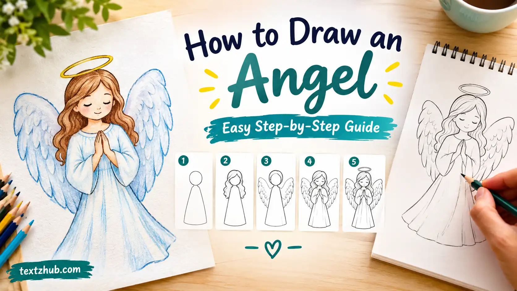 How to Draw an Angel: Easy Step-by-Step Guide with simple angel drawing steps and a finished angel illustration.