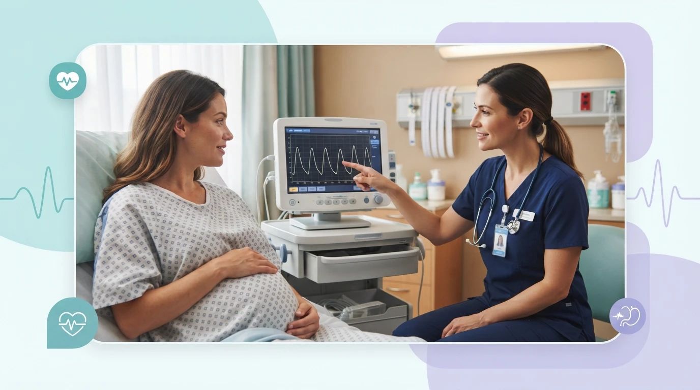 Pregnant woman learning how to read a contraction monitor in a hospital.