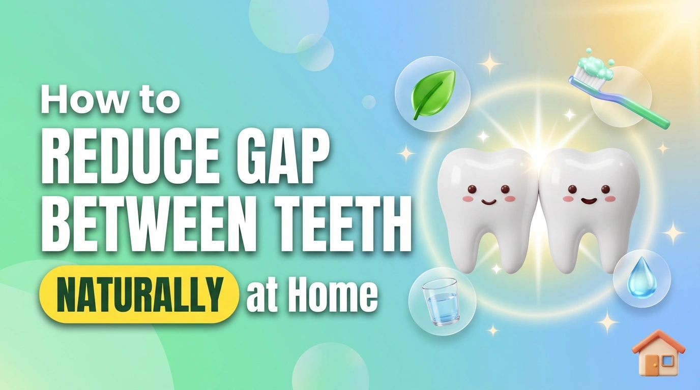 How to reduce gap between teeth naturally at home featured image with glossy smiling teeth, mint leaf and toothbrush