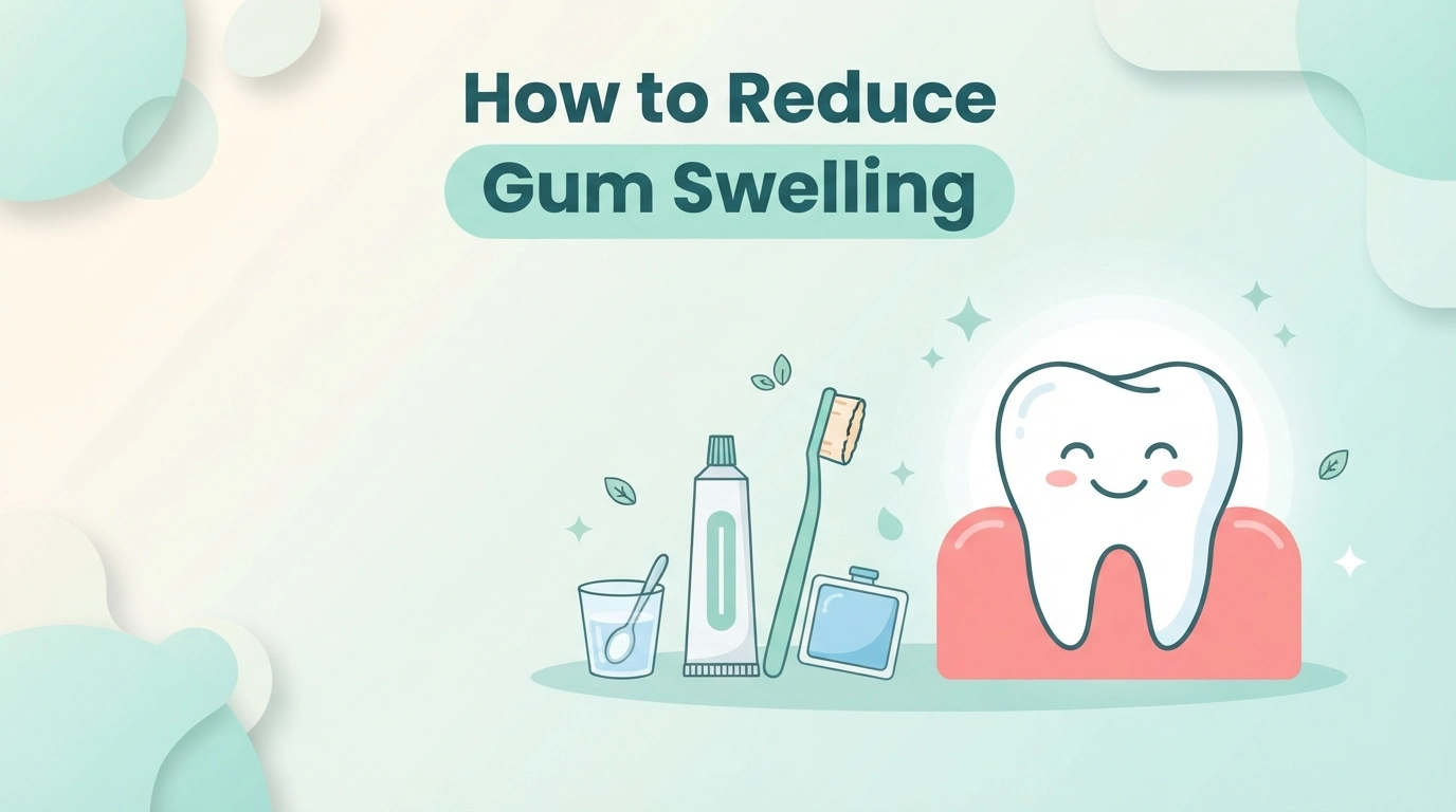 How to reduce gum swelling featured image with tooth icon, salt water glass, toothbrush and cold compress