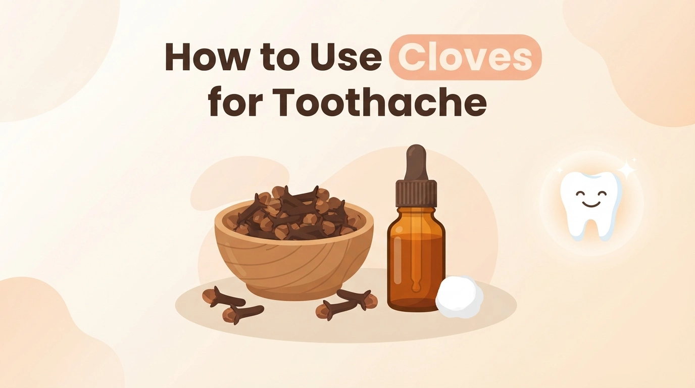 How to use cloves for toothache featured image with whole cloves, clove oil bottle and tooth icon