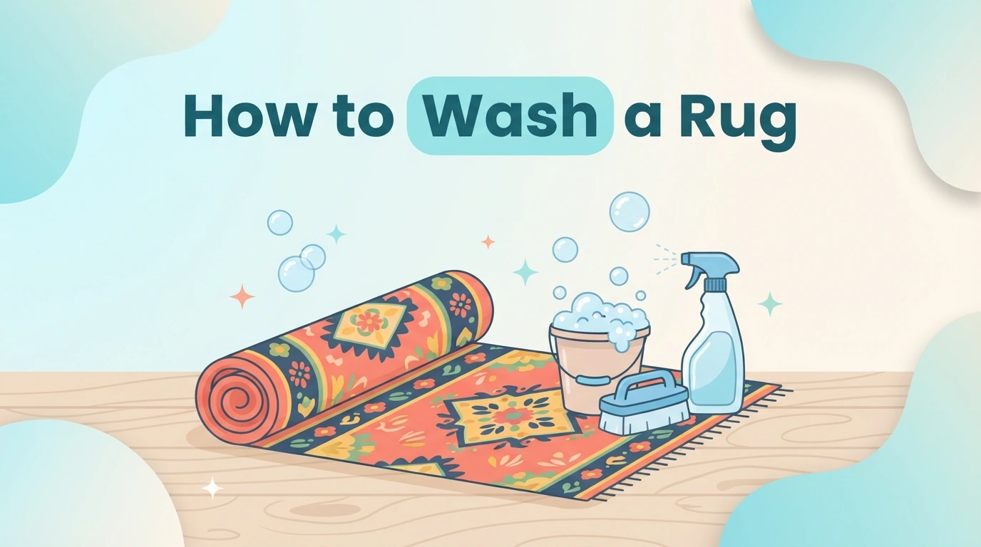 How to wash a rug featured image with rolled rug, scrub brush, bucket and soap bubbles