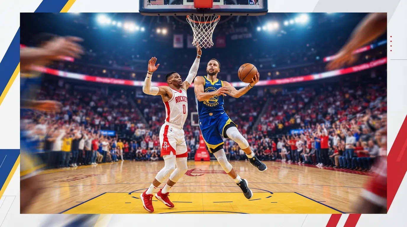 Warriors vs Rockets basketball matchup on an NBA court.